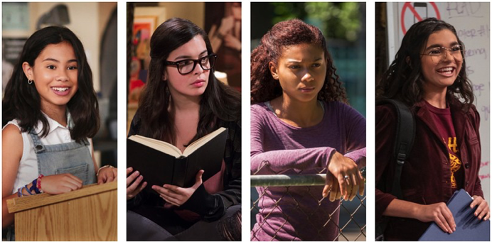 Tess Romero, left, in “Diary of a Future President”; Isabella Gómez in “One Day at a Time”; Sierra Capri in “On My Block”; and Paulina Chávez in “The Expanding Universe of Ashley Garcia.” (Disney+ / Netflix / Netflix / Netflix)