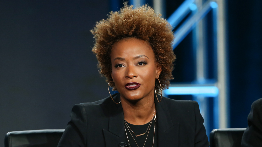 Karin Gist at an interview or panel